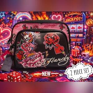 Ed Hardy 2-Piece Cosmetic Bag Set • Skull & Rose • Y2K Tattoo Aesthetic • NWT